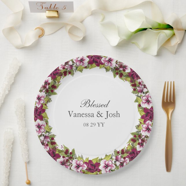 Elegante Magenta White Florals und Grüne Botanical Pappteller (Hochzeit)