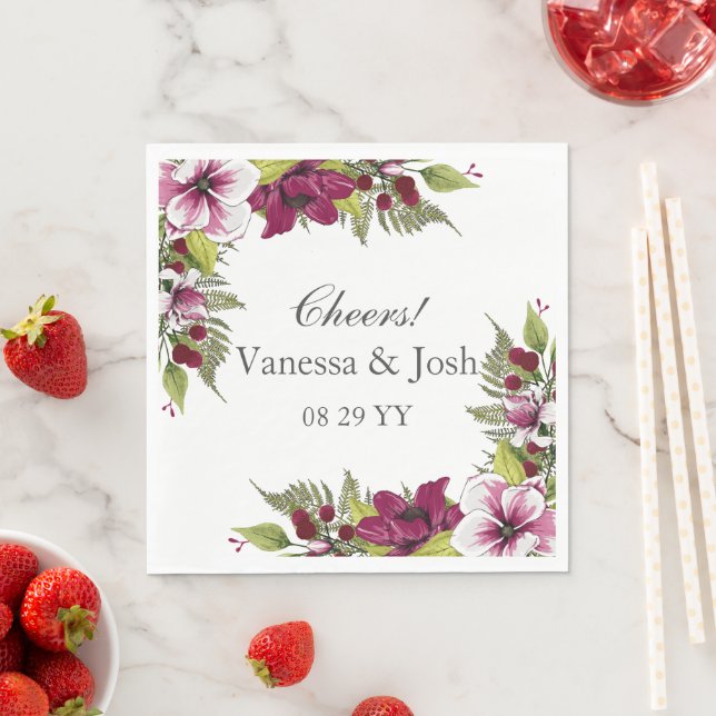 Elegante Magenta White Florals und Grüne Botanical Serviette (Beispiel)