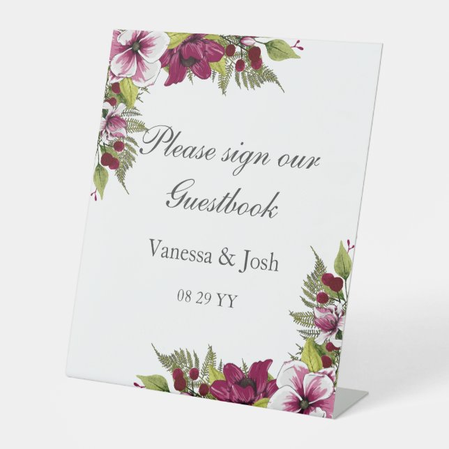 Elegante Magenta White Florals und Grüne Botanical Sockelschild (Vorderseite)