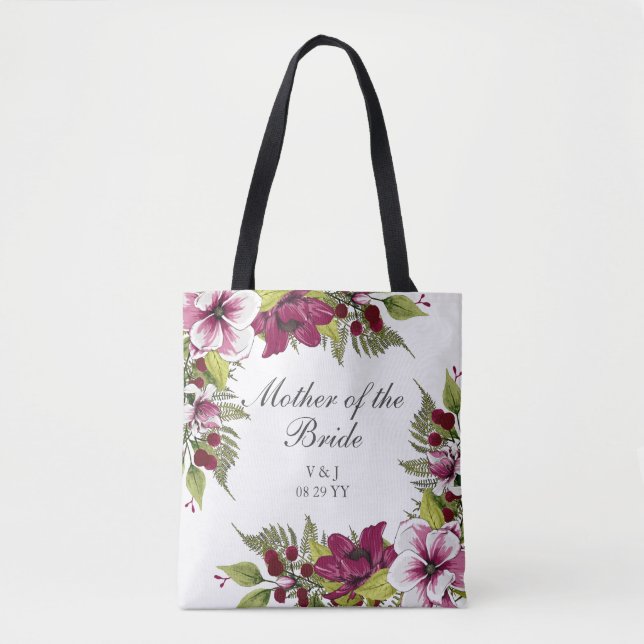 Elegante Magenta White Florals und Grüne Botanical Tasche (Vorderseite)