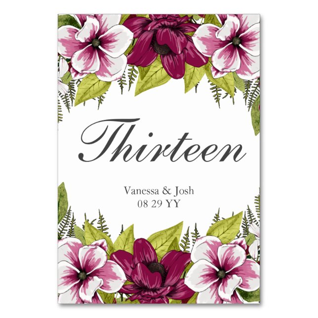 Elegante Magenta White Florals und Grüne Botanical Tischnummer (Vorderseite)