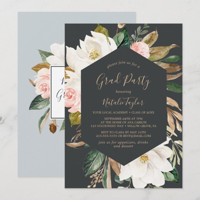 Elegante Magnolia Black and White Graduation Party Einladung (Vorne/Hinten)
