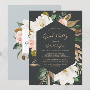 Elegante Magnolia Black and White Graduation Party Einladung