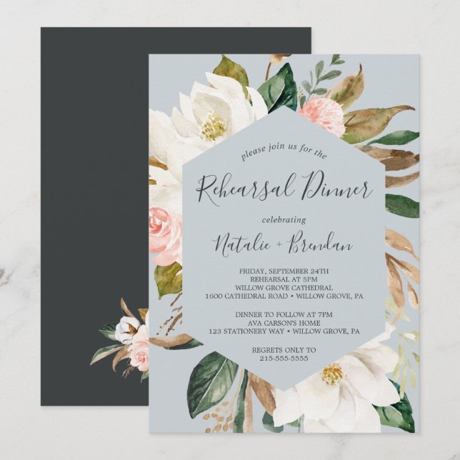 Elegante Magnolia Blue Gray Probe Abendessen Einladung (Vorne/Hinten)
