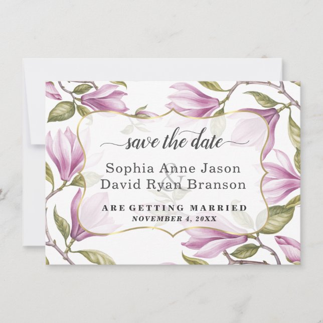 Elegante Magnolia Blume Gold Wedding Calligraphy Save The Date (Vorderseite)