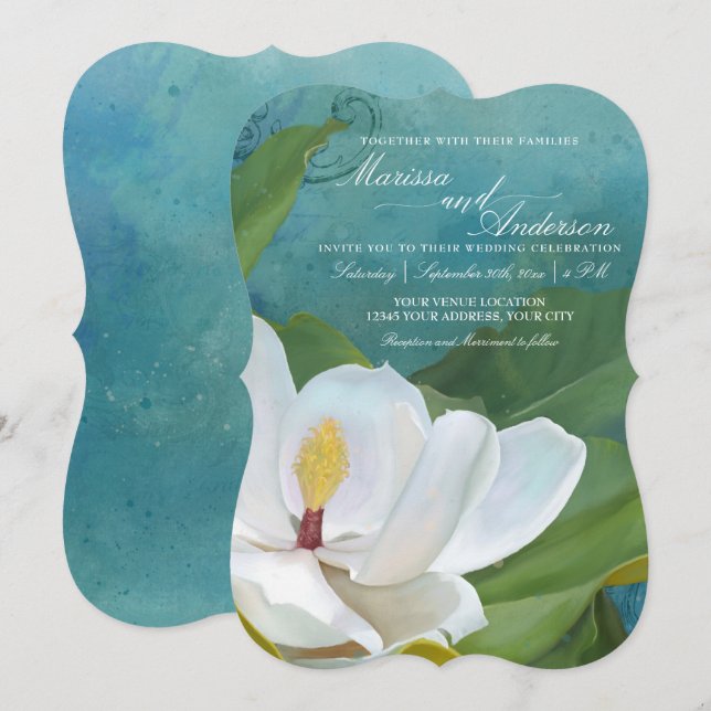 Elegante Magnolia Floral Moderne Rustikale Typogra Einladung (Vorne/Hinten)