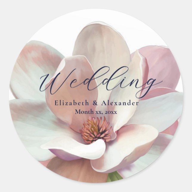 Elegante Magnolia Rosa und Weiße Hochzeit Runder Aufkleber (Vorderseite)