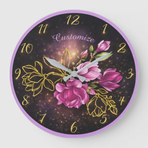 Elegante Magnolie Floral Gold Akzent Personalisier Große Wanduhr