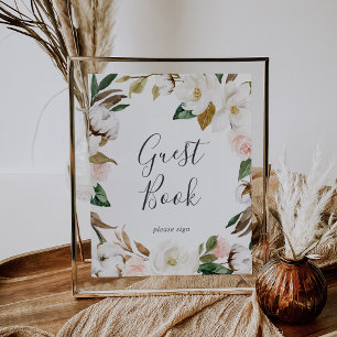 Elegante Magnolie   Gästebuchunterschrift in Weiß  Poster