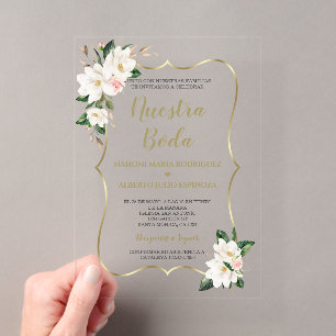 Elegante Magnolie Gold Spanische Unsere Hochzeit Acryleinladungen