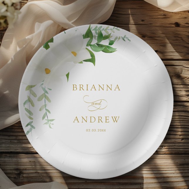 Elegante Magnolie Hochzeit  Pappteller (Elegant Floral Magnolia Wedding Paper Plates)