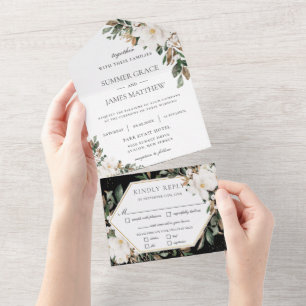 Elegante Magnolien Baumwolle Blumengrün Hochzeit   All In One Einladung