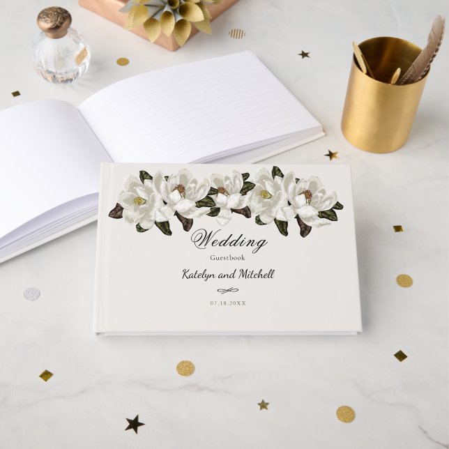 Elegante Magnolienblüten Hochzeit Gästebuch (Vorderseite Offen)
