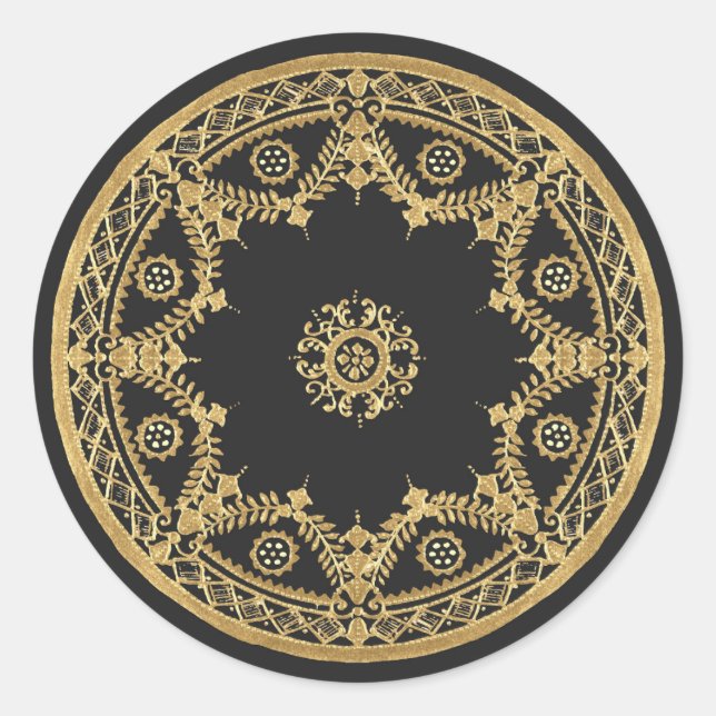 Elegante Mandala aus schwarz und gold Runder Aufkleber (Vorderseite)
