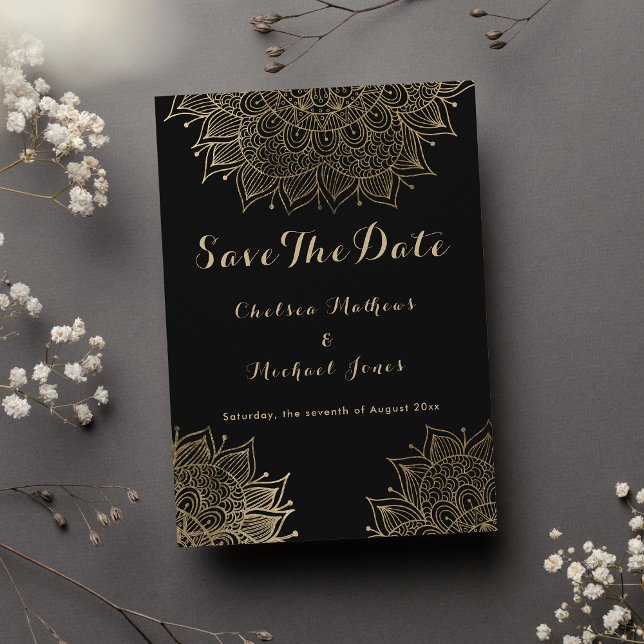 Elegante Mandala aus schwarzem Gold Save the Date Einladung (Elegant black gold floral mandala Save The Date Invitation)
