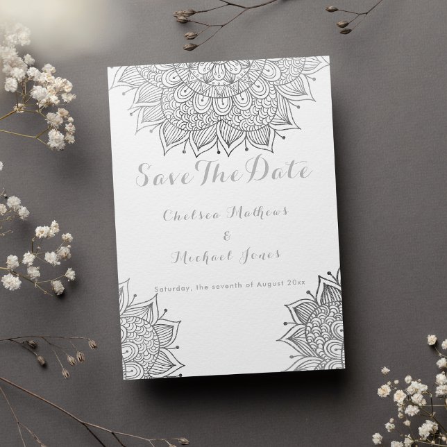 Elegante Mandala aus weißem Silber Save the Date Einladung (Elegant white silver floral mandala Save The Date Invitation)