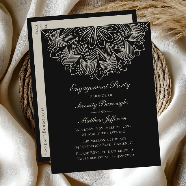 Elegante Mandala Indian Boho Black Engagement Part Einladungspostkarte (Von Creator hochgeladen)