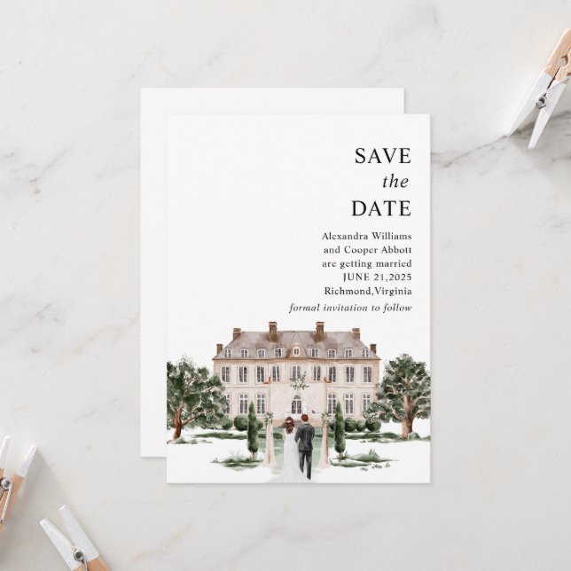 Elegante Mansion Anwesen Save the Date Karte (Vorderseite/Rückseite Beispiel)