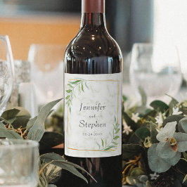 Elegante Marble Greenery Gold Geometric Wedding Weinetikett