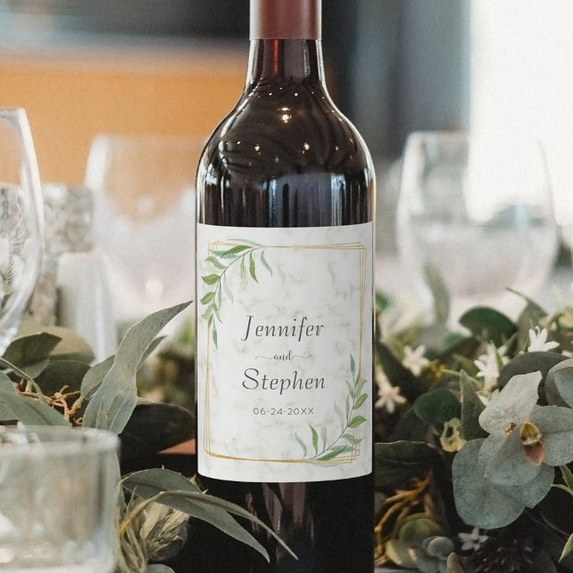 Elegante Marble Greenery Gold Geometric Wedding Weinetikett (Von Creator hochgeladen)