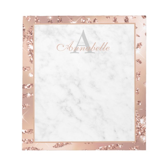 Elegante Marble Rose Gold Foil Script Monogram Notizblock (Vorderseite)
