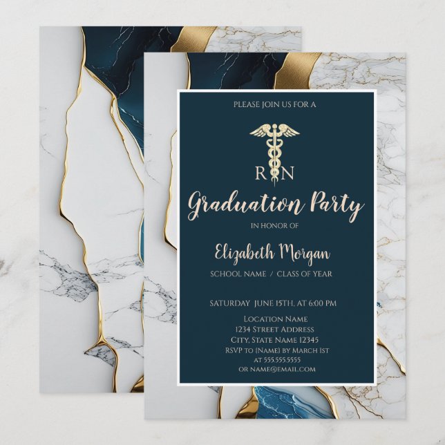Elegante Marble Stone Gold Nurse Graduation Party Einladung (Vorne/Hinten)