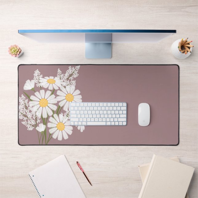Élégante marguerite florale blanche sur Rosy Brown (Bureau 1)