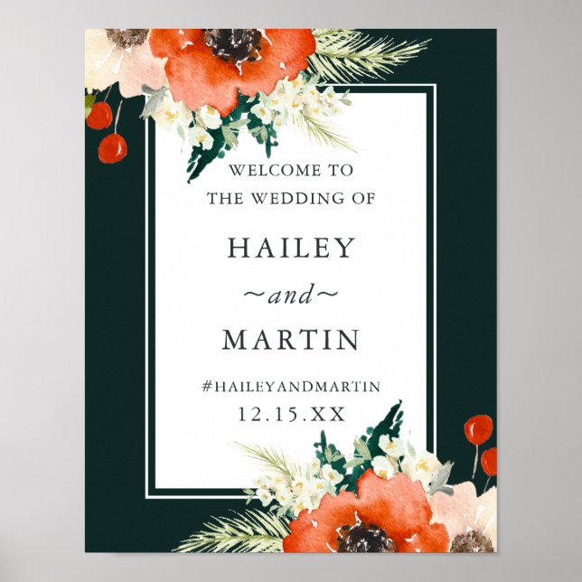 Élégante Mariage d'hiver Floral Affiche de bienven (Devant)