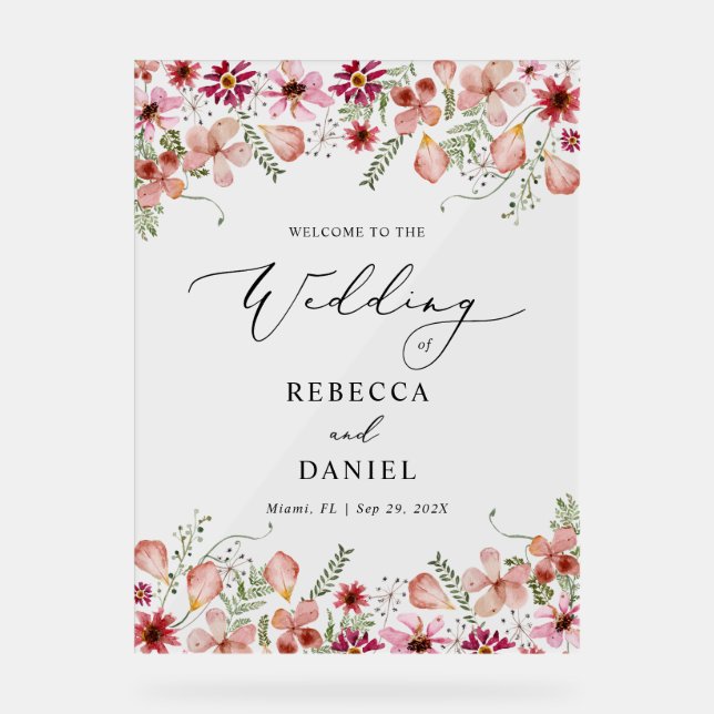 Élégante Mariage rose floral  Affiche de bienvenue (Recto)
