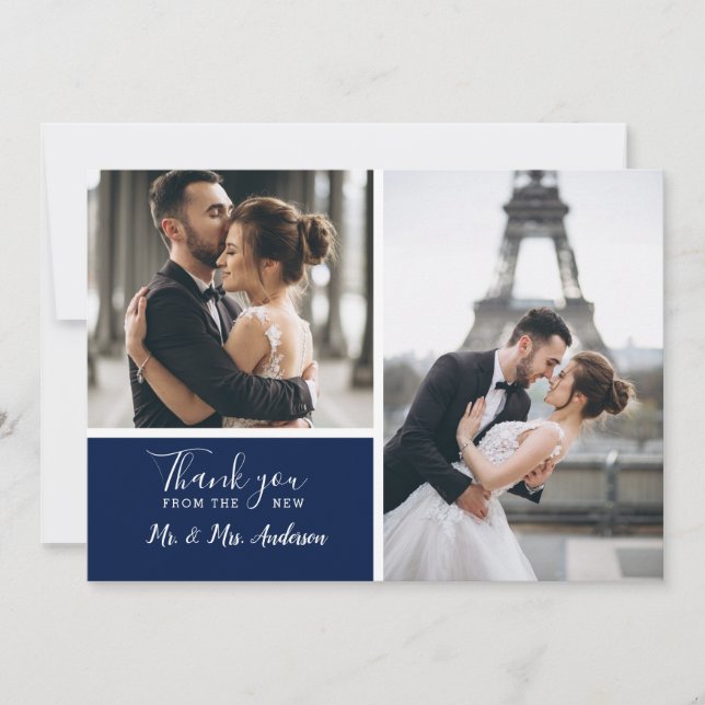 Elegante Marine 2 Foto Collage Hochzeit Dankeskarte (Vorderseite)
