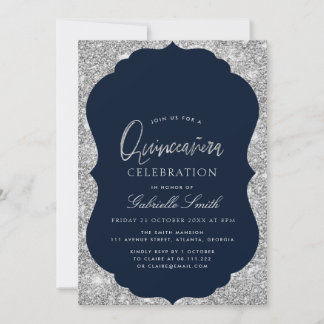 Elegante Marine blau und silber Quinceanera Einladung