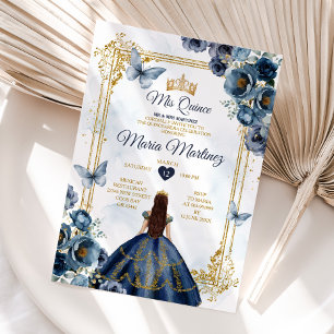 Elegante Marine Blue and Gold Princess Quiñceanera Einladung