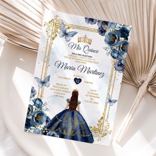 Elegante Marine Blue and Gold Princess Quiñceanera Einladung (Von Creator hochgeladen)