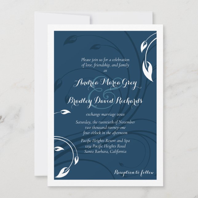 Elegante Marine Blue White Wedding Einladung (Vorderseite)