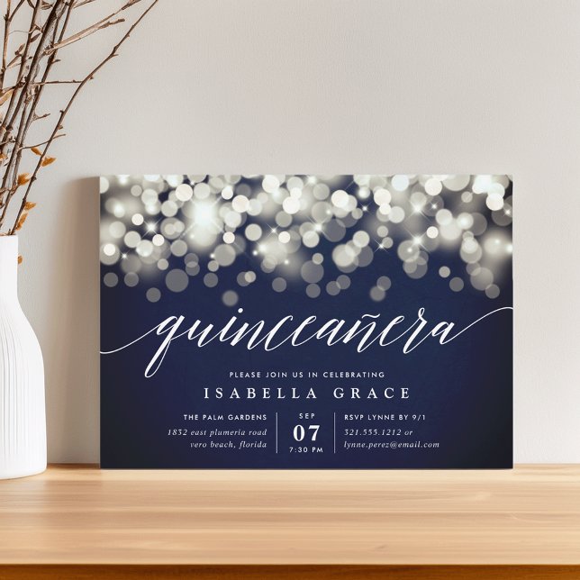Elegante Marine & Gold Lights Quinceanera Einladung (Von Creator hochgeladen)