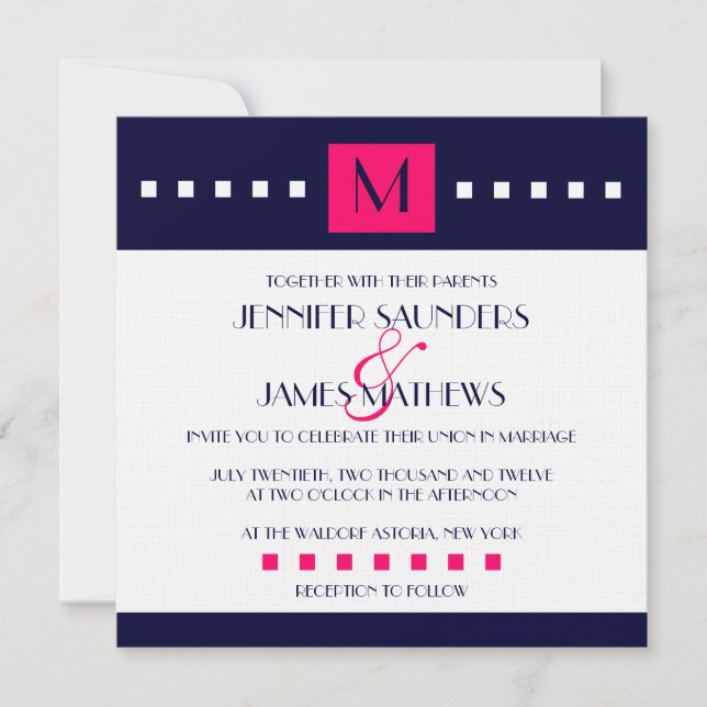 Elegante Marine-Pink-Monogramm-Hochzeits-Einladung Einladung (Vorderseite)
