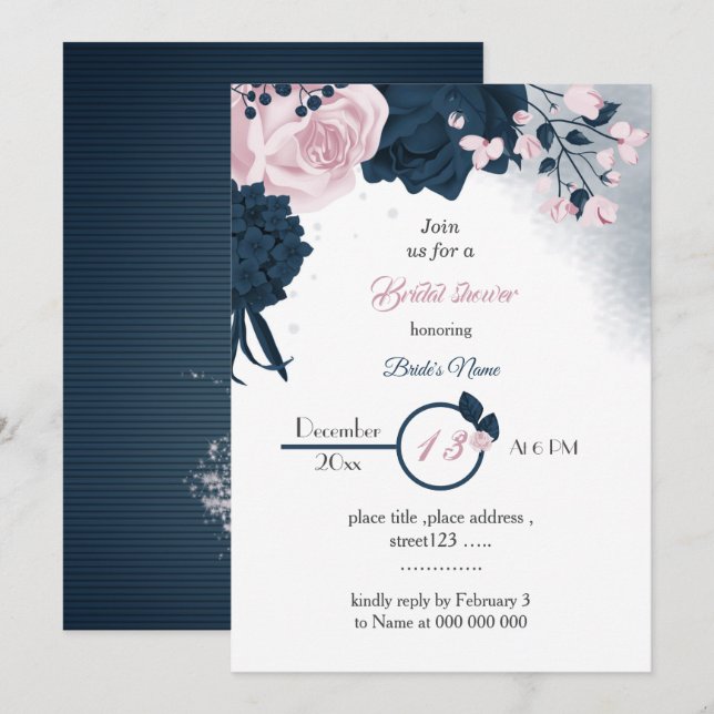 elegante Marine & rosa Blume Brautparty Einladung (Vorne/Hinten)