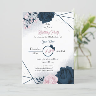 elegante Marine & Rosa Blume Geburtstag Einladung