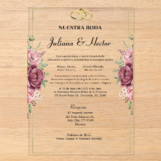 Elegante marine-rote und goldene florale Hochzeit Acryleinladungen