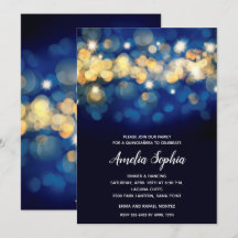 Elegante Marine und Gold Bokeh Quinceañera Einladu