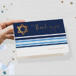 Elegante Marine und Gold Tallit Bar Mitzvah geflog Dankeskarte<br><div class="desc">Zeigen Sie Ihre Dankbarkeit im Stil mit dieser ausgeklügelten Bar Mitzvah bedankte Karte, mit einem zeitlosen Design, inspiriert durch die heilige Tradition des Tallits. Das elegante Tallit-Motiv, gepaart mit einem wunderschön gestalteten Star of David, Set den Ton für eine herzliche Botschaft. Die Karte ist mit einer modernen Goldfolie aus Imitat...</div>