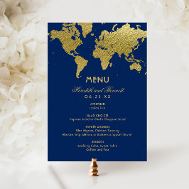 Elegante Marine und Gold World Map Custom Wedding Menükarte