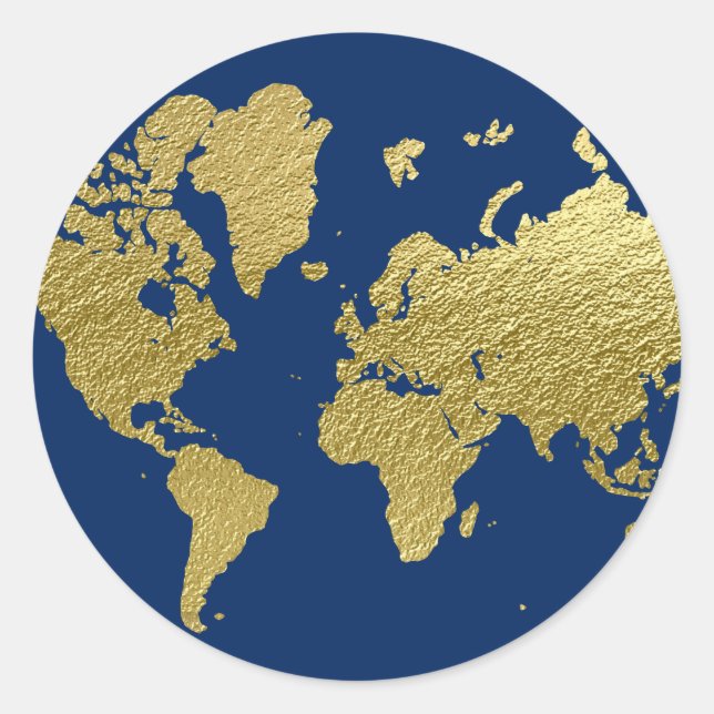 Elegante Marine und Gold World Map Runder Aufkleber (Vorderseite)