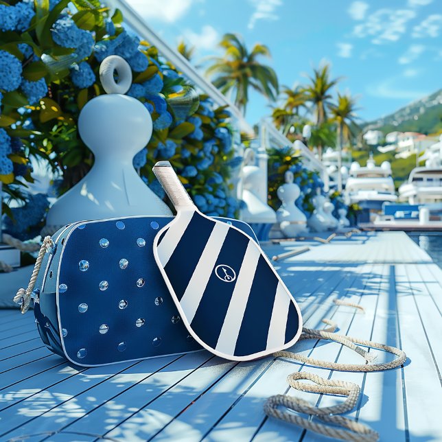 Elegante Marine und Light Blue Striped Nautical Pickleball Schläger (Nautical Navy and Light Blue Striped Pickleball Paddle)