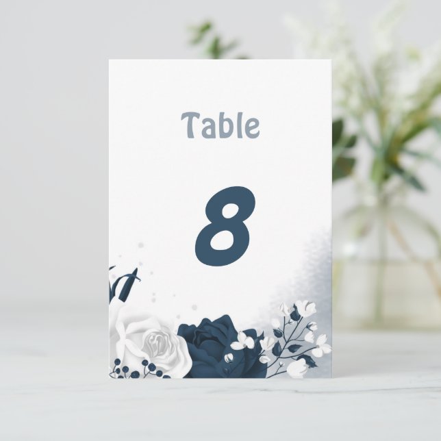 Elegante Marine und weiße Blume Tischnummer (Stehend Vorderseite)