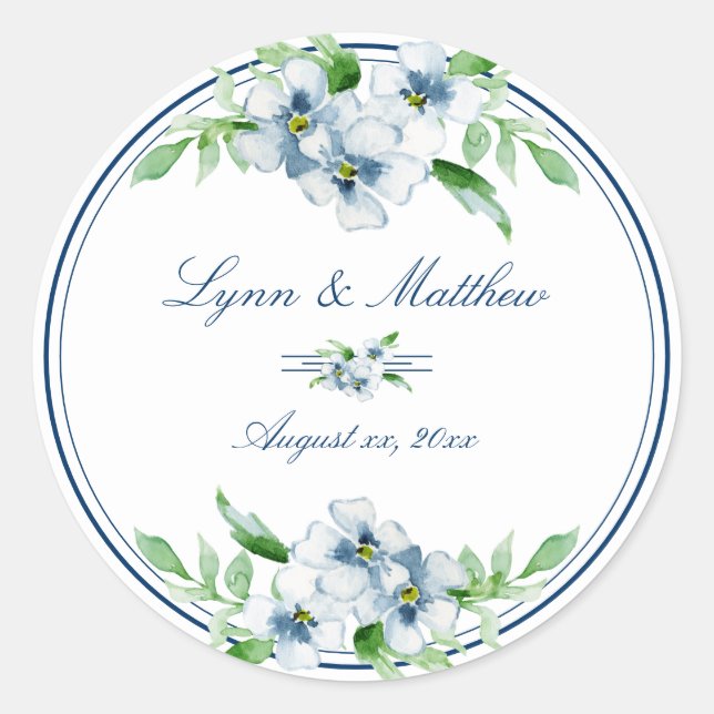 Elegante Marine und Weiße Flora, Hochzeit Runder Aufkleber (Vorderseite)
