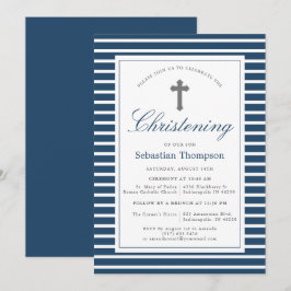 Elegante Marine und weiße Streifen Christening Einladung