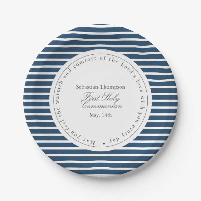 Elegante Marine und White Stripes Erste Kommune Pappteller (Vorderseite)