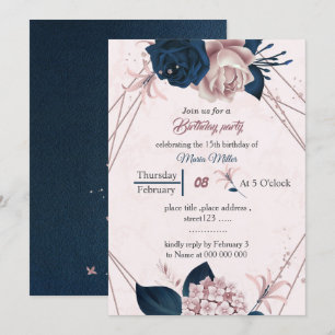 Elegante Marinebar & rosa Blume geometrischer Gebu Einladung
