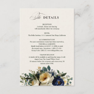Elegante marineblaue Blumen-Hochzeitsdetails mit P Begleitkarte